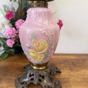 Vintage Pink Milk Glass Oil Lamp with Yellow Rose Relief and Ornate Brass Base V